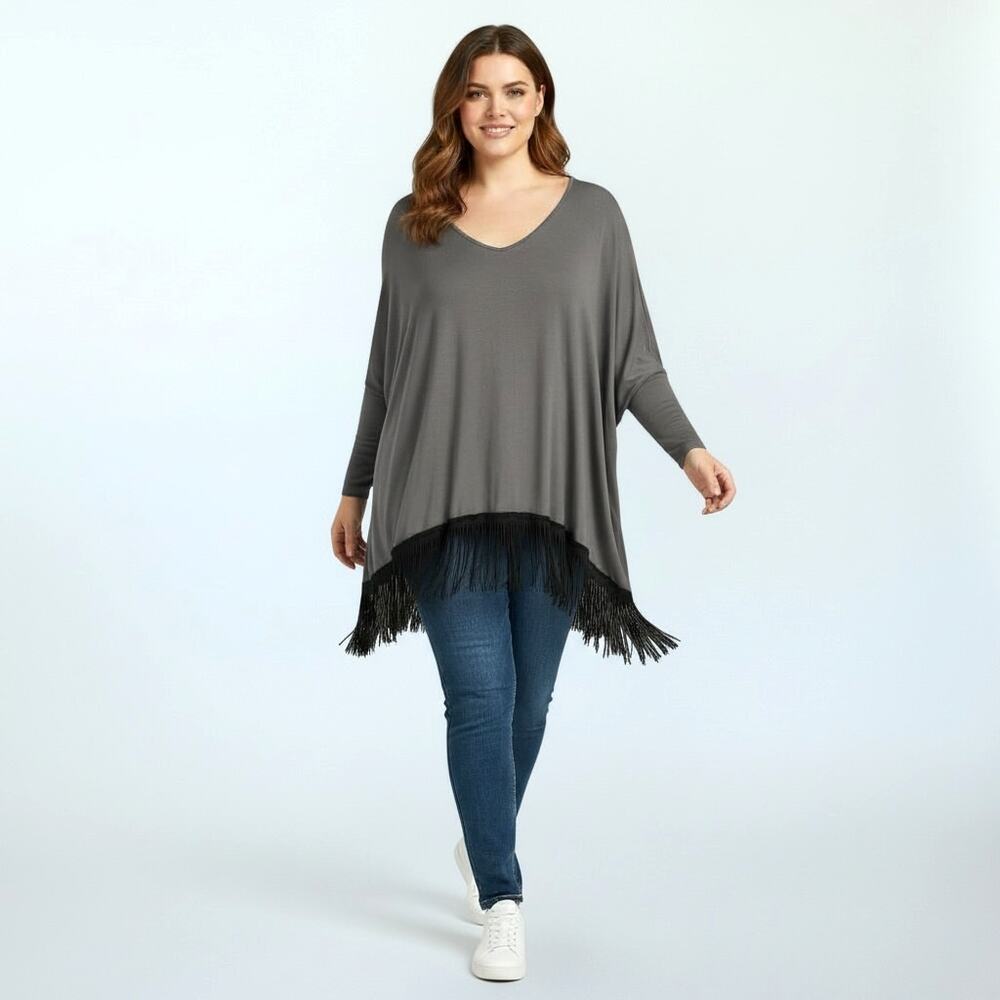 CHATOYANT Women's Slate Gray Fringed Tunic Top 3X Western Whimsigoth Rodeo
